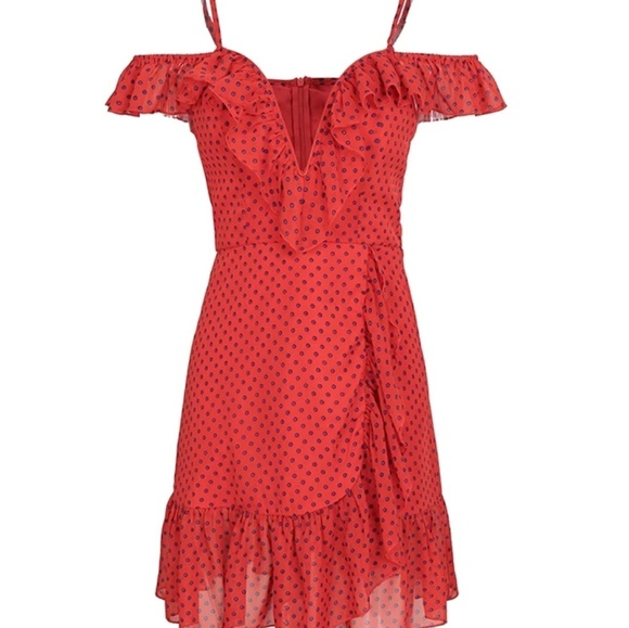 Last L! Red Polka Dot Cold Shoulder Ruffles Dress - Picture 2 of 6